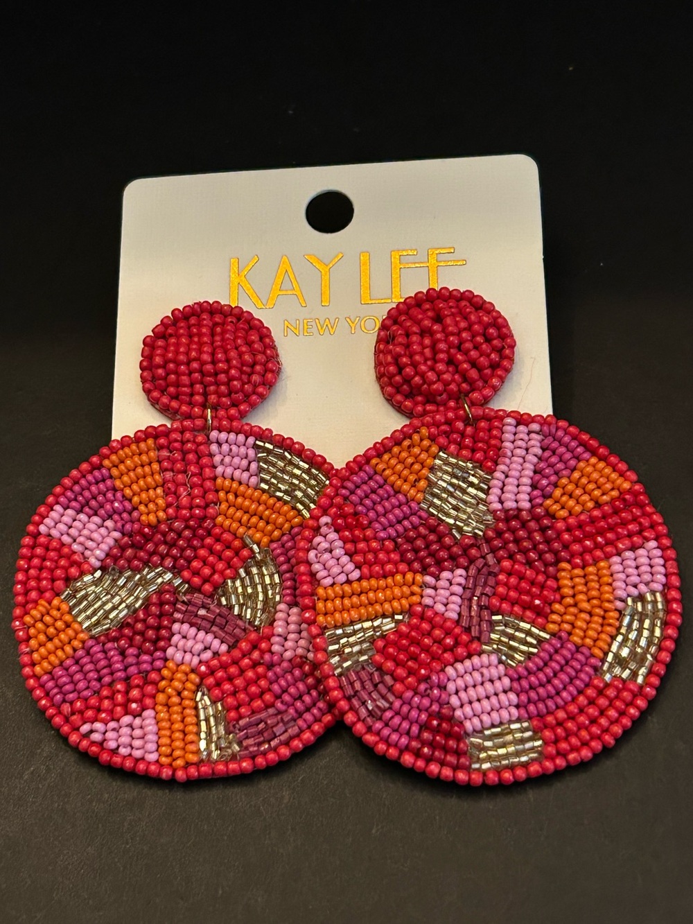 Kay Lee Pink & Red Hand Beaded Boho Design Circle Drop Earrings